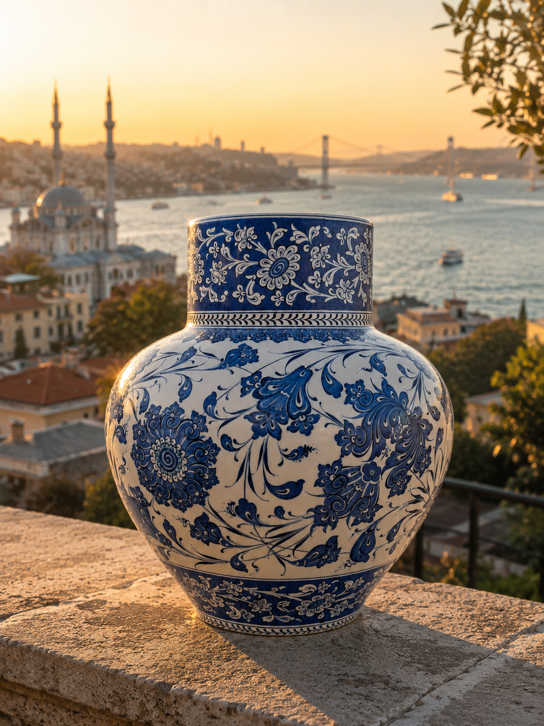 Hand-painted İznik ceramic vase, cobalt blue on white — İznik vazo detay görünümü