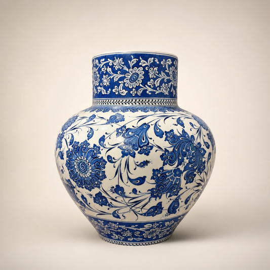 İznik blue hand-painted ceramic vase with Ottoman floral motifs — El yapımı İznik mavisi çini vazo